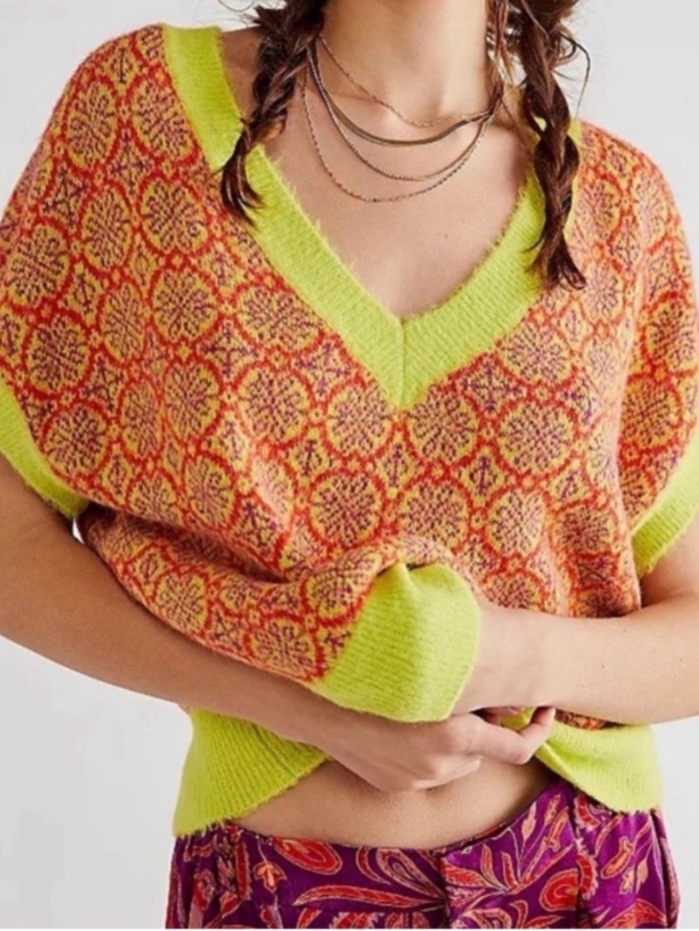 Free People Through the Motions Vest Neon Lime & Coral Patterned V-Neck Sweater